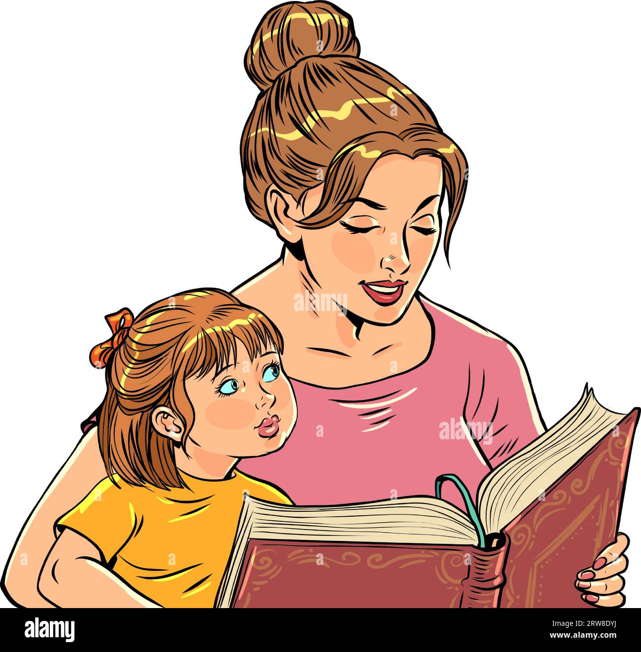 L'éducation préscolaire des enfants. Relation mère-enfant. Une femme lit un livre à une fille. Illustration de Vecteur