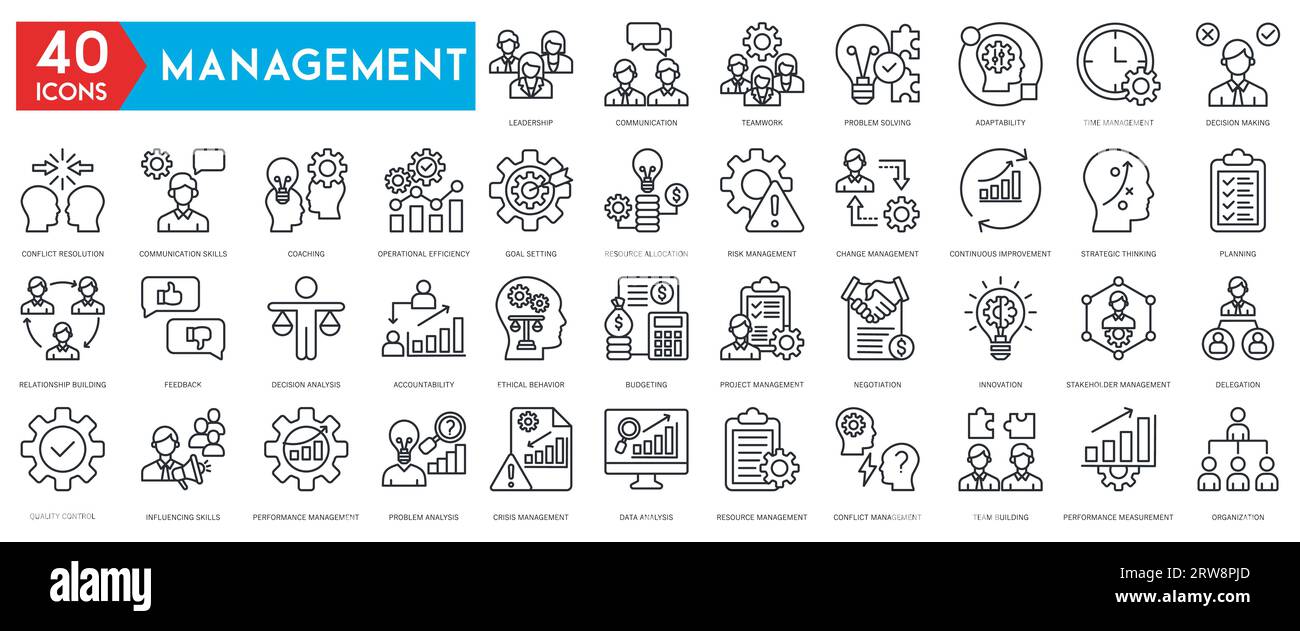 Collection d'icônes de gestion. Thin Line Set contient des icônes telles que Vision, Mission, valeurs, Ressources humaines, expérience et plus encore. Illustration de Vecteur