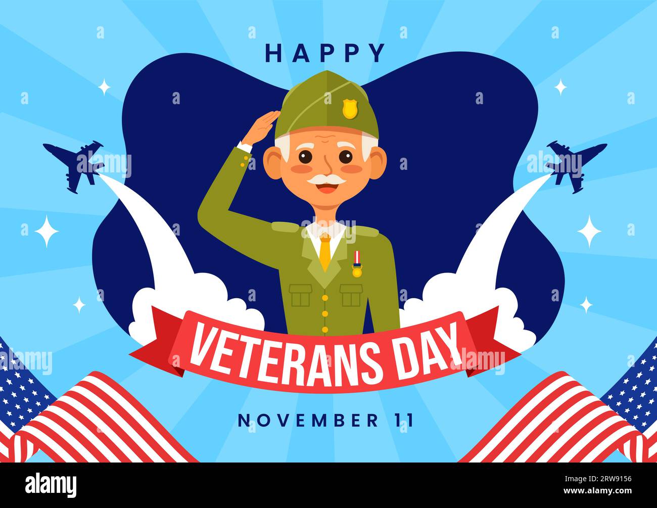 Illustration vectorielle Happy Veterans Day le 11 novembre avec drapeau américain et soldats pour honorer tous ceux qui ont servi dans le fond de dessin animé Flat Kids Illustration de Vecteur