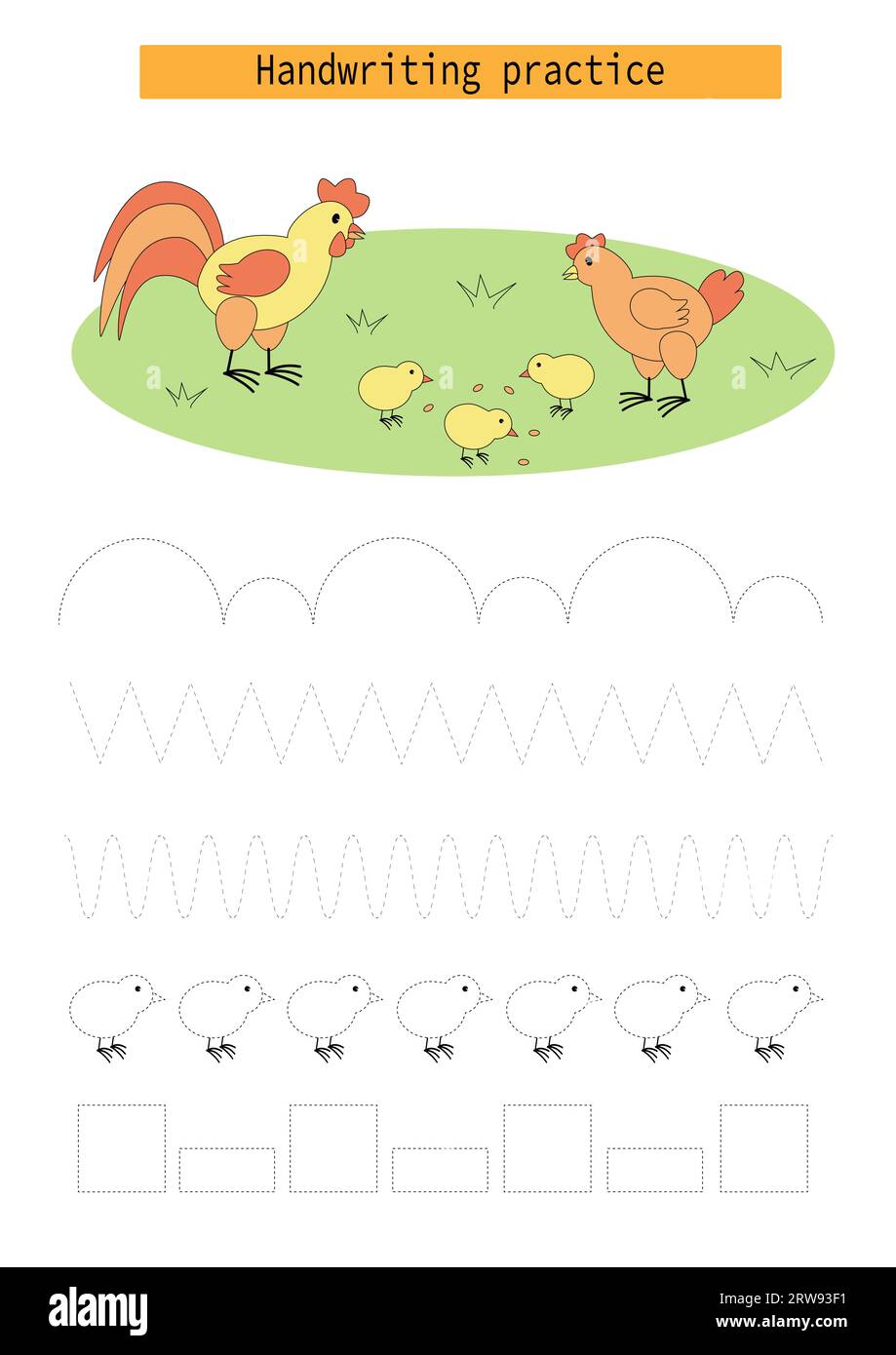 Tracer des lignes pour les enfants, coq, poule et poussins, développer la pratique de l'écriture pour les enfants. Vecteur Illustration de Vecteur