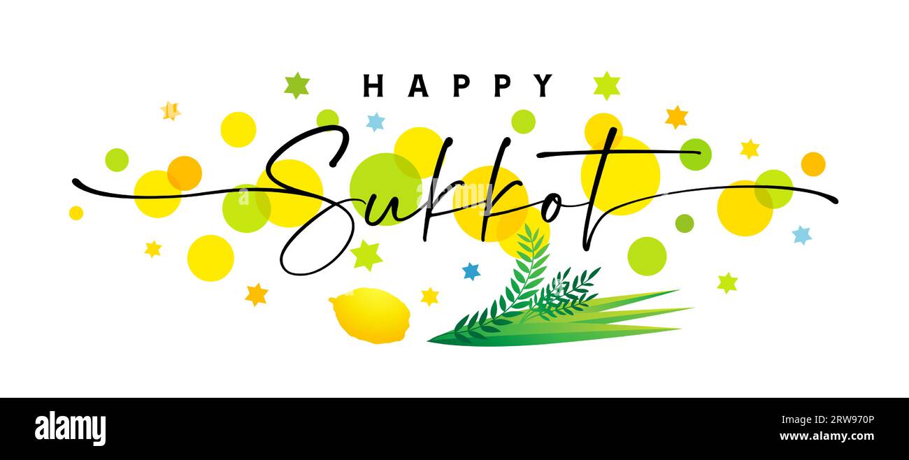Joyeux Sukkot lettrage élégant avec etrog et lulav. Fête juive Soukkot avec etrog, lulav, arava, hadas, cercles colorés et étoiles. Carte vectorielle Illustration de Vecteur
