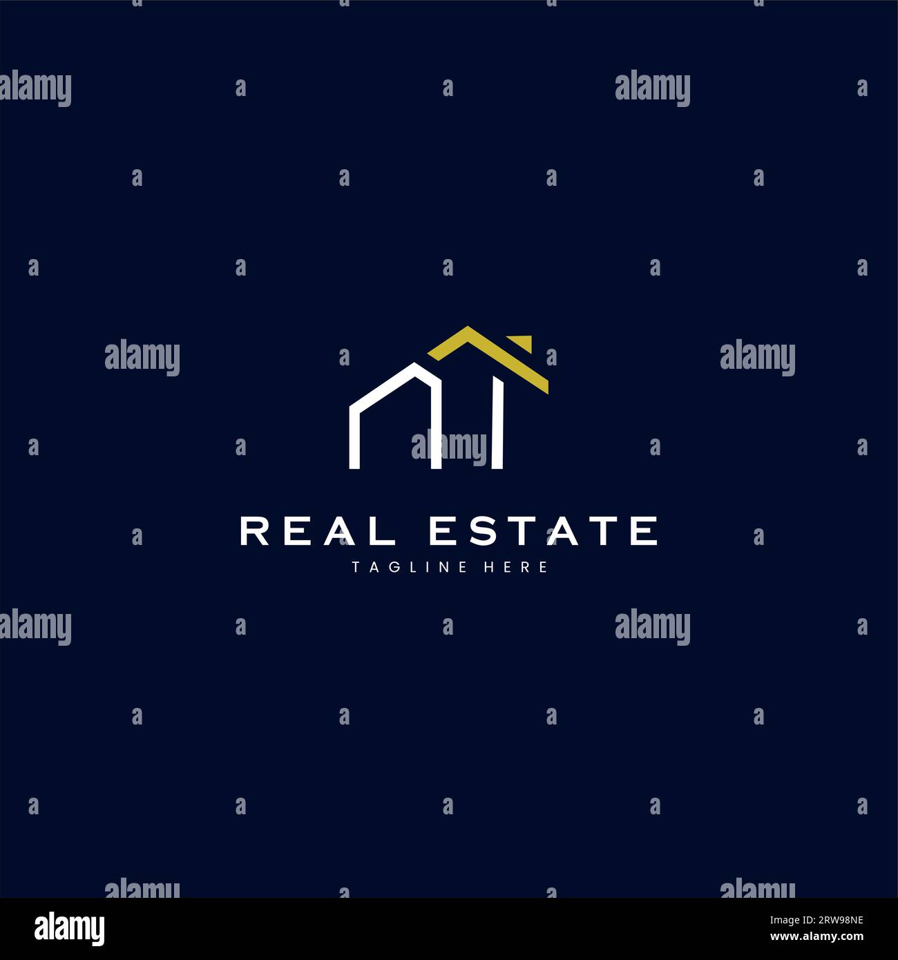 Logo immobilier moderne ni letter dans un style linéaire avec bâtiment de toit simple en bleu Illustration de Vecteur