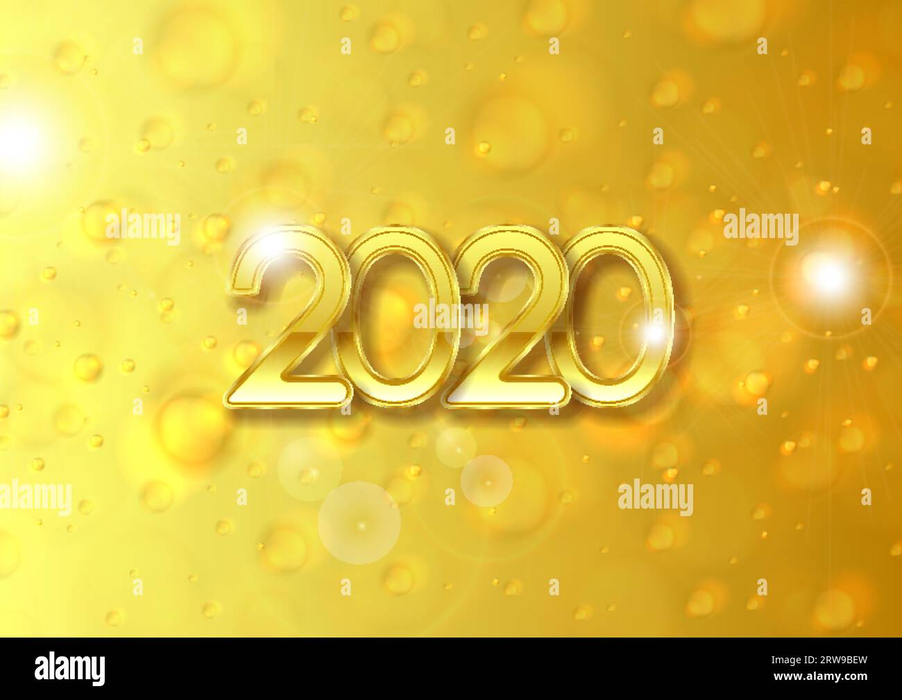 Lettrage doré 2020 sur fond de bokeh jaune vif de Noël. Conception vectorielle abstraite de carte de voeux de nouvel an Illustration de Vecteur