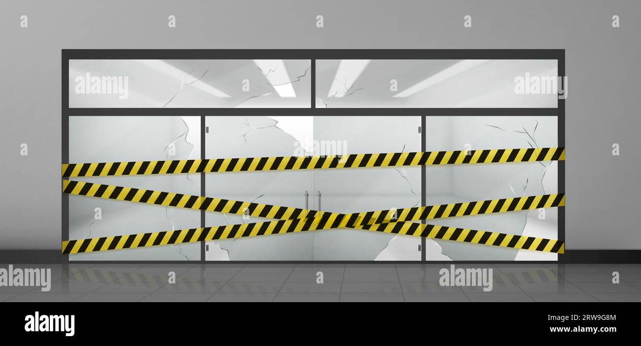 Vecteur de porte d'entrée et de fenêtre de magasin de verre cassé. Entrée de bureau ou de magasin avec maquette de ruban de crime jaune d'avertissement. Extérieur de la salle d'exposition vide abandonné. Devanture de magasin avec bande de police Illustration de Vecteur