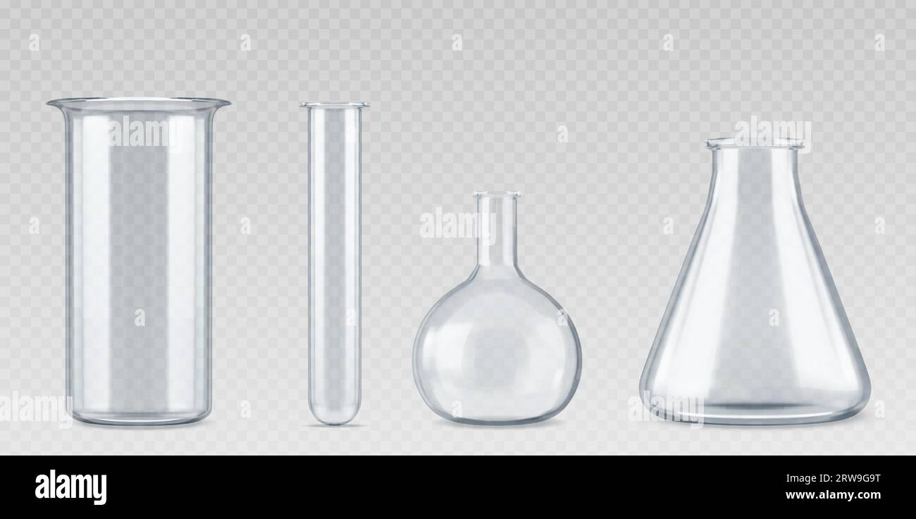 Ensemble de verrerie de laboratoire réaliste isolé sur fond transparent. Illustration vectorielle de bécher de laboratoire, flacons volumétriques, coniques, tube pour expérience scientifique, récipients pour substance chimique Illustration de Vecteur