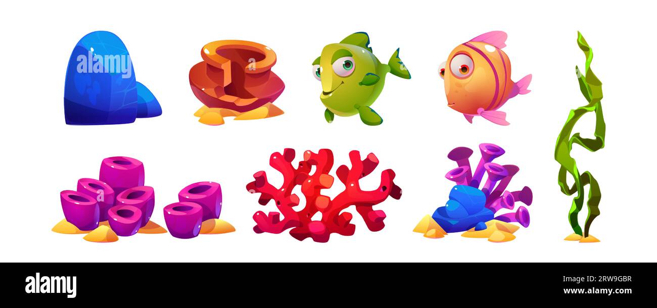 Ensemble de vecteurs de dessins animés de plantes et d'animaux sous-marins. Éléments marins ou d'aquarium de fond de mer - algues et coraux, poissons, pierres et pot d'argile cassé. Créatures du monde aquatique océanique pour la conception des fonds marins. Illustration de Vecteur