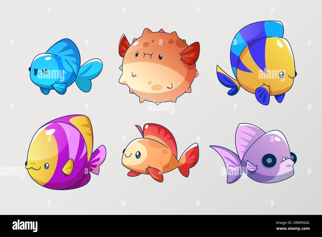 Jeu de personnages de dessin animé mignon de jeu de poissons lumineux. Illustration vectorielle de créatures sous-marines de mer ou d'aquarium. Animaux tropicaux marins et océaniques aux visages souriants. créatures aquatiques colorées d'eau salée. Illustration de Vecteur