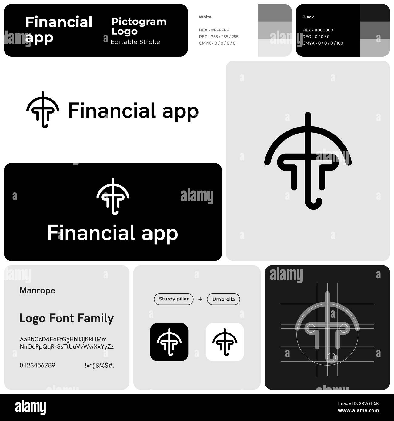 Modèle monochrome d'application financière avec logo créatif Illustration de Vecteur