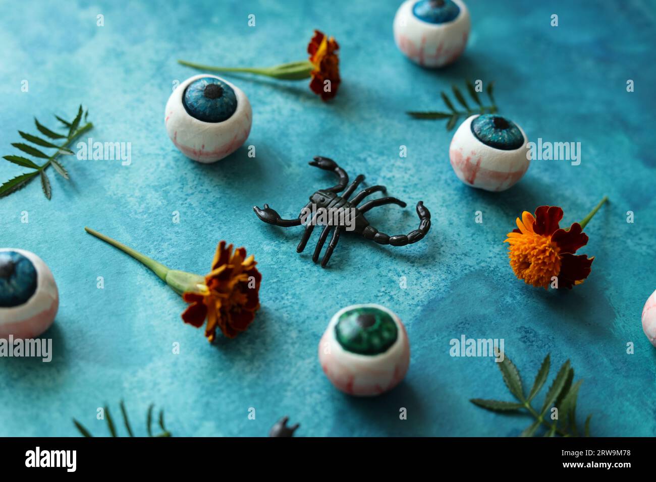 motif halloween coloré avec des globes oculaires, des scorpions et des soucis français Banque D'Images