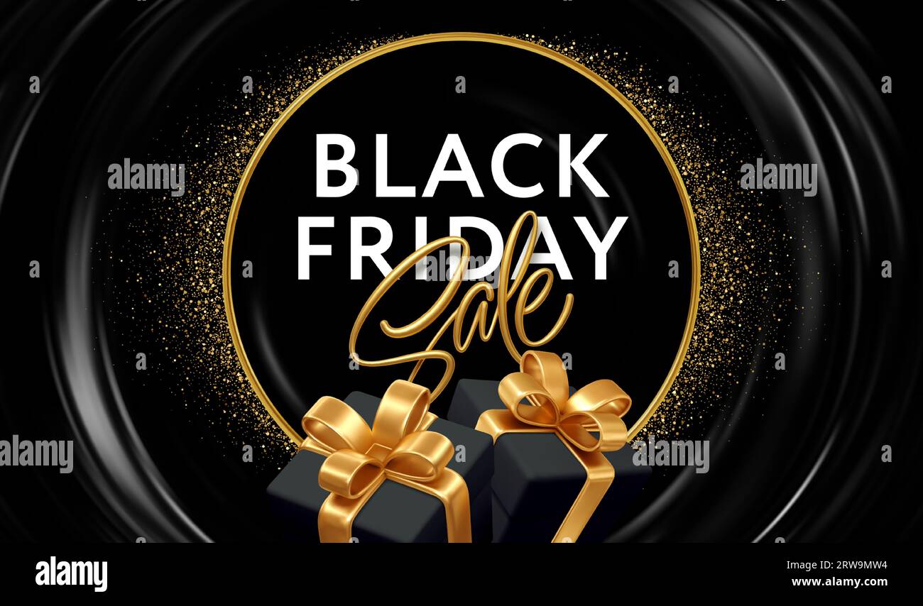 Conception de bannière promotionnelle des ventes Black Friday. Cadeaux 3d, cadre rond en or, paillettes d'or, fond dégradé de flux noir. Illustration vectorielle Illustration de Vecteur