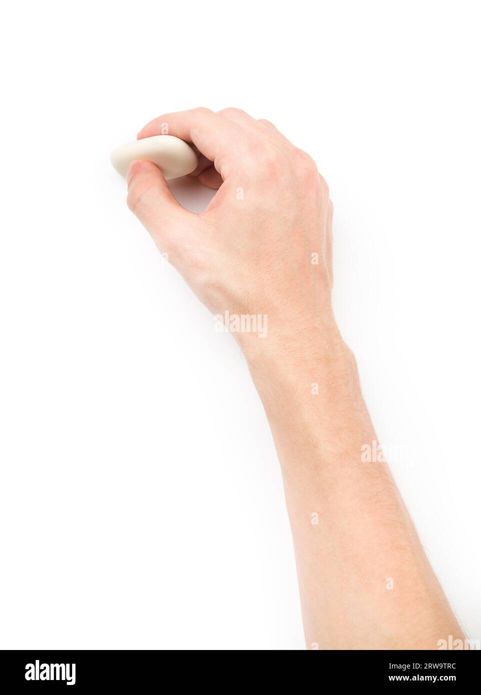 La main de l'humain effaçant quelque chose sur fond blanc Banque D'Images