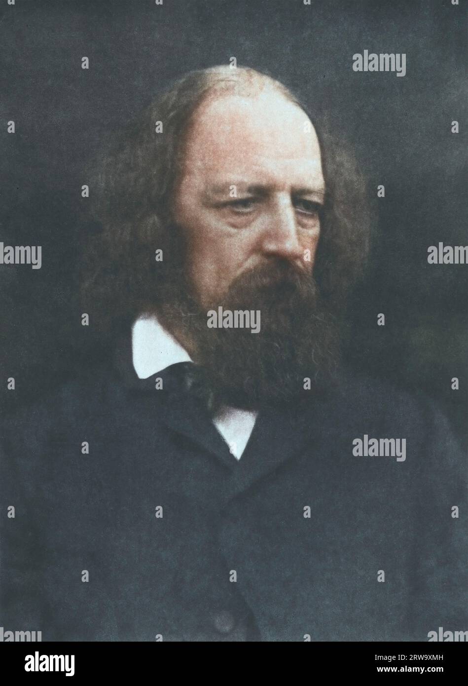 Alfred Tennyson. Ses yeux sont baissés et regardent légèrement vers la droite. Il a une barbe pleine et une moustache. 1866. Photographié par Julia Margaret Camer Banque D'Images