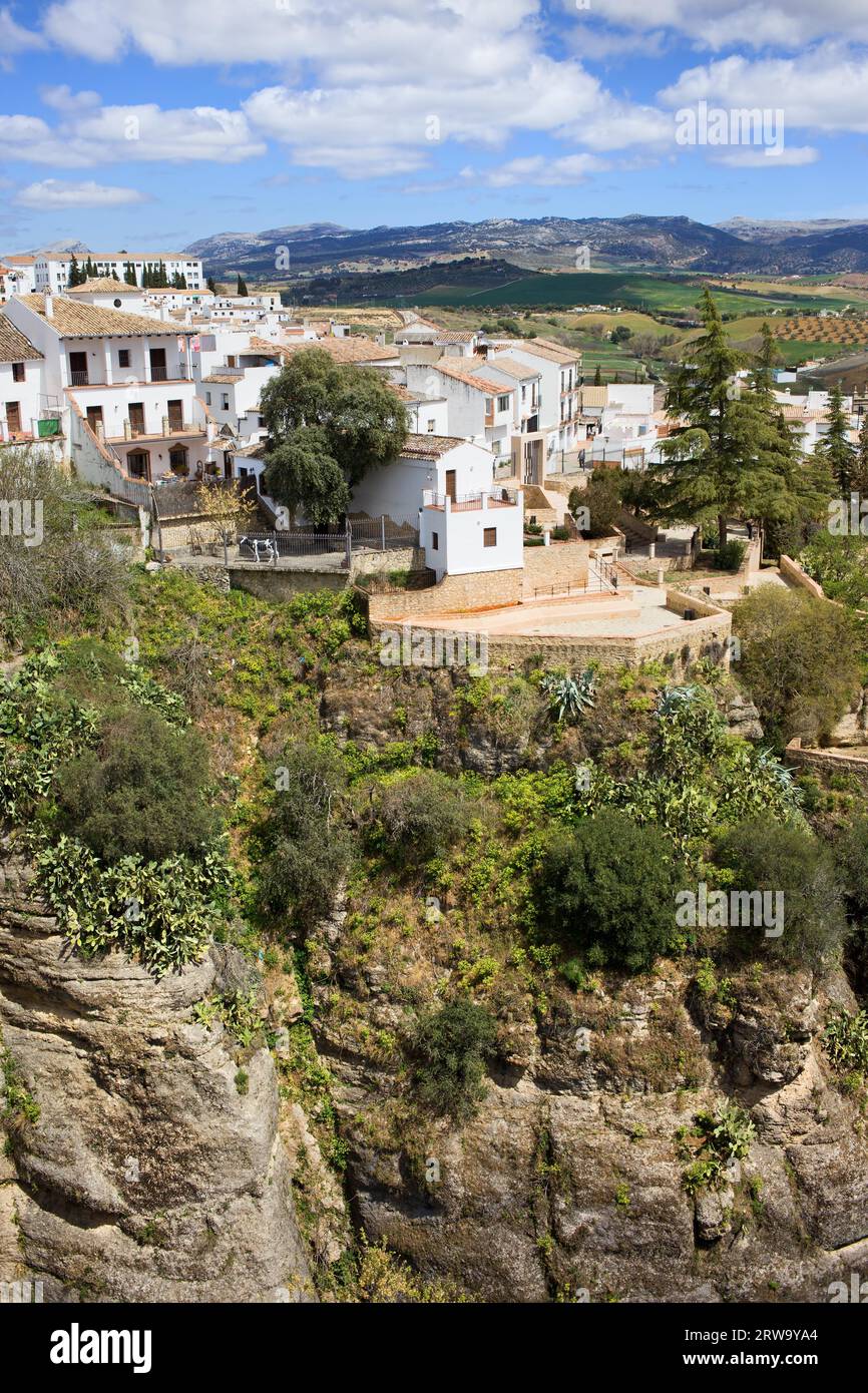 Maisons blanches sur un haut rocher dans la ville de Ronda, sud de l'Espagne, région Andalousie Banque D'Images