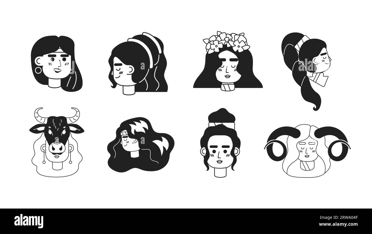 Mystérieuses femmes monochromes à têtes de personnages linéaires plats groupées Illustration de Vecteur
