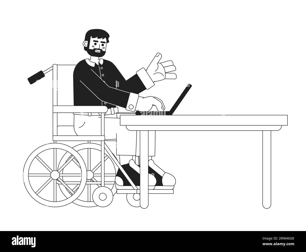 Homme en fauteuil roulant caucasien barbu sur ordinateur portable personnage de dessin animé 2D noir et blanc Illustration de Vecteur