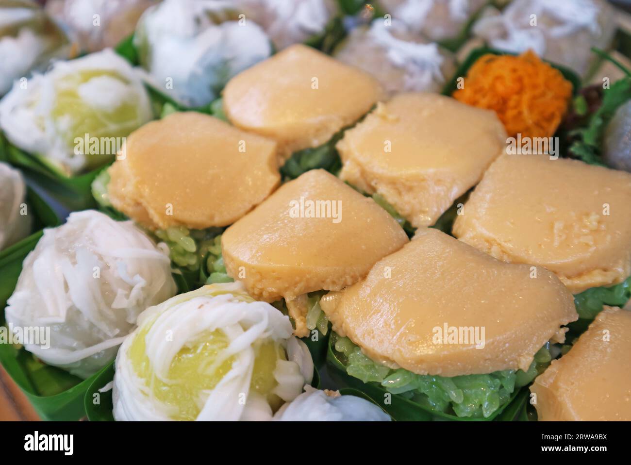 Tas de riz collant garni de Custard, dessert thaïlandais populaire appelé Khao Niao Sangkhaya Banque D'Images