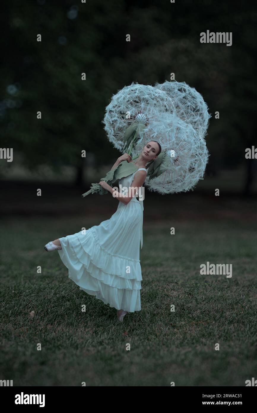 Belle ballerine avec des fleurs géantes de pissenlits Banque D'Images