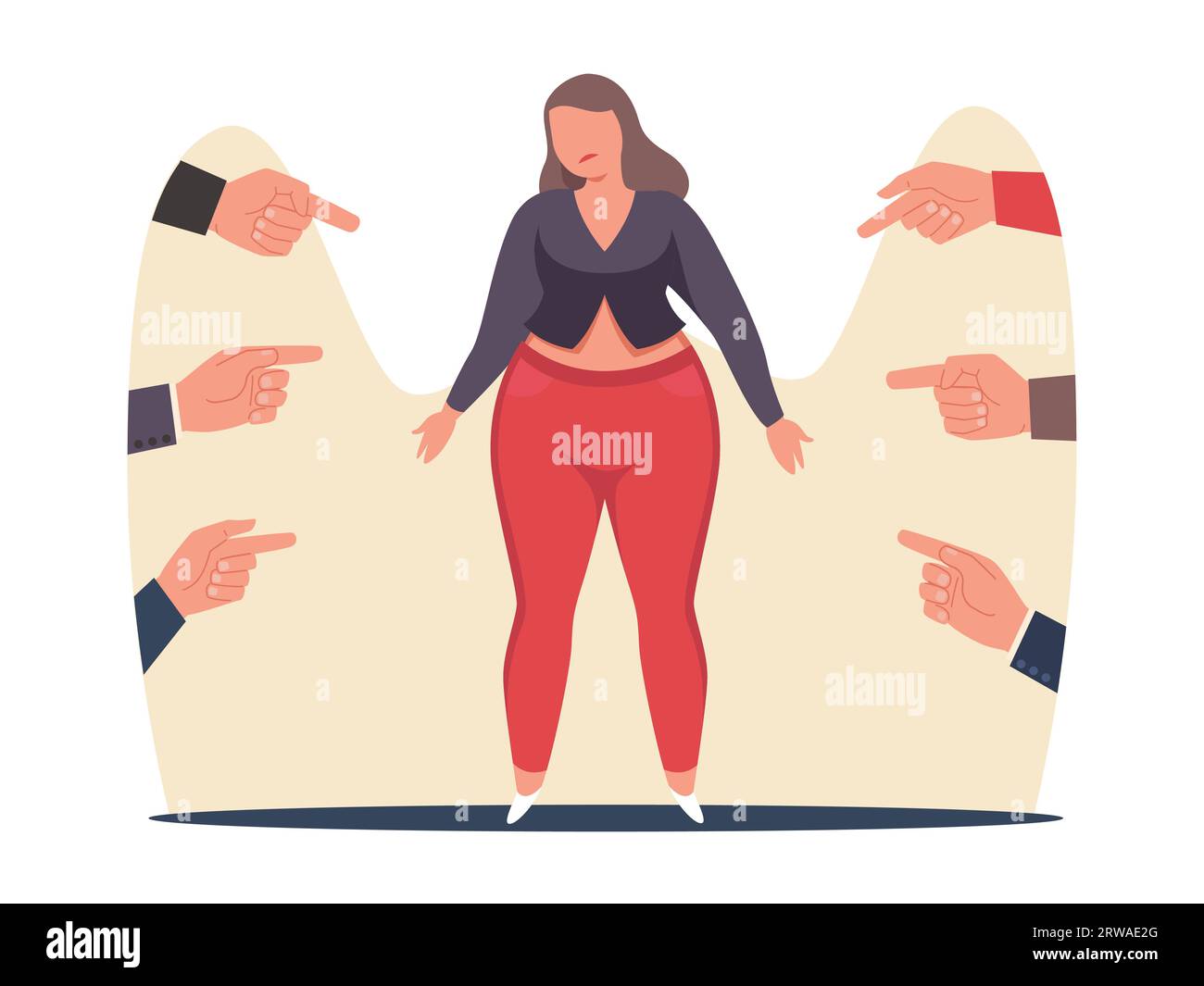 Femme pleine malheureuse qui est humiliée et intimidée. Personne triste étant humiliée se sentant consciente de soi. Victime de violence. Les gens pointent du doigt. Dessin animé plat Illustration de Vecteur