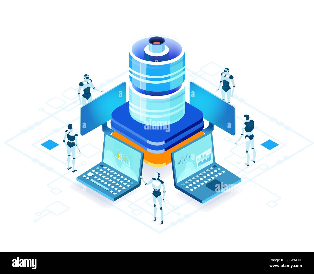 Infographie du concept robots et intelligence artificielle. Robots travaillant dans la salle des serveurs, Big Data. Humains VS robots Banque D'Images