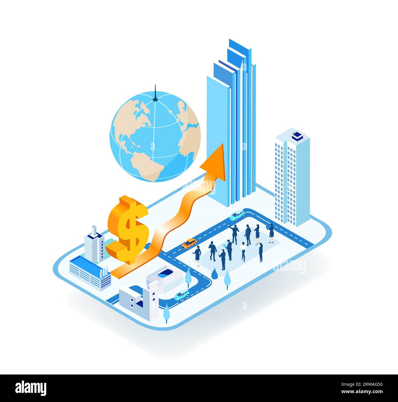 Marché immobilier. Les gens d'affaires, les architectes, les investisseurs parlent autour du modèle de la ville, projet architectural. Illustration isométrique de stratégie de propriété Banque D'Images