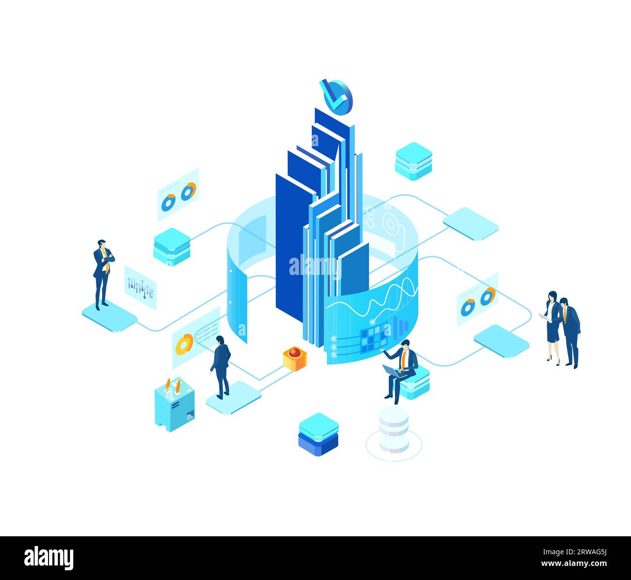 Marché immobilier. Les gens d'affaires, les architectes, les investisseurs parlent autour du modèle de la ville, projet architectural. Illustration isométrique de stratégie de propriété Banque D'Images