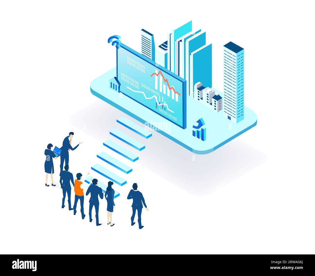 Marché immobilier. Les gens d'affaires, les architectes, les investisseurs parlent autour du modèle de la ville, projet architectural. Illustration isométrique de stratégie de propriété Banque D'Images