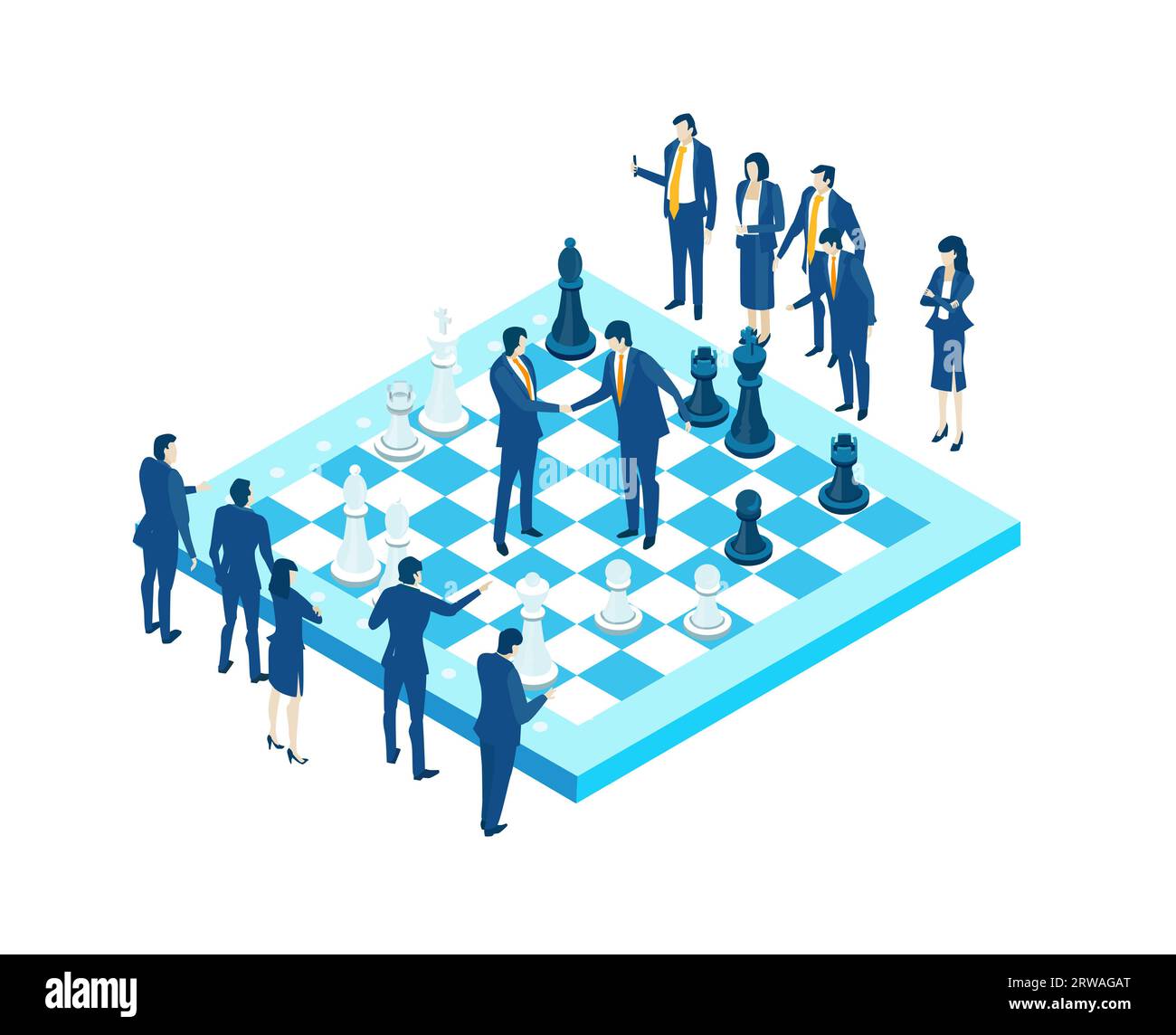 Hommes d'affaires jouant à un jeu d'échecs. Compétition, travail d'équipe, illustration isométrique du concept gagnant Banque D'Images