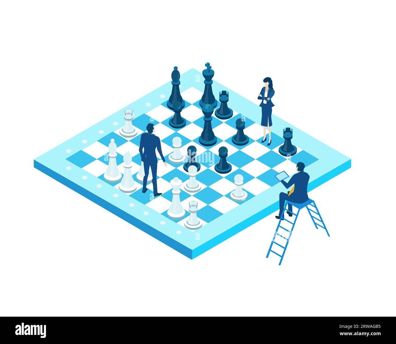 Hommes d'affaires jouant à un jeu d'échecs. Compétition, travail d'équipe, illustration isométrique du concept gagnant Banque D'Images