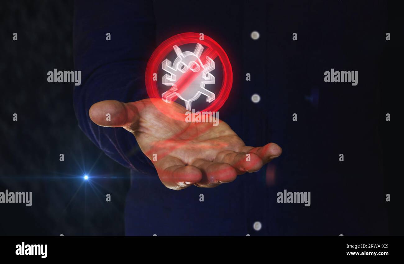 Antivirus cyber sécurité virus détecter le système alerte symbole 3d sur la main de l'homme. Icône de technologie abstrait concept illustration 3D. Banque D'Images