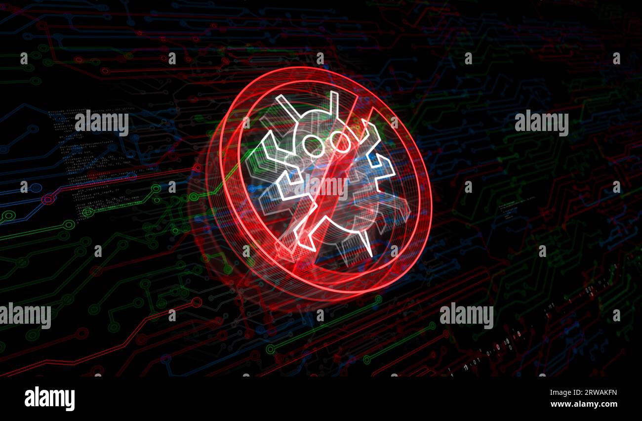 Antivirus cyber sécurité virus détecter le système symbole d'alerte concept numérique. Réseau, cyber-technologie et informatique de fond abstrait illustration 3D. Banque D'Images