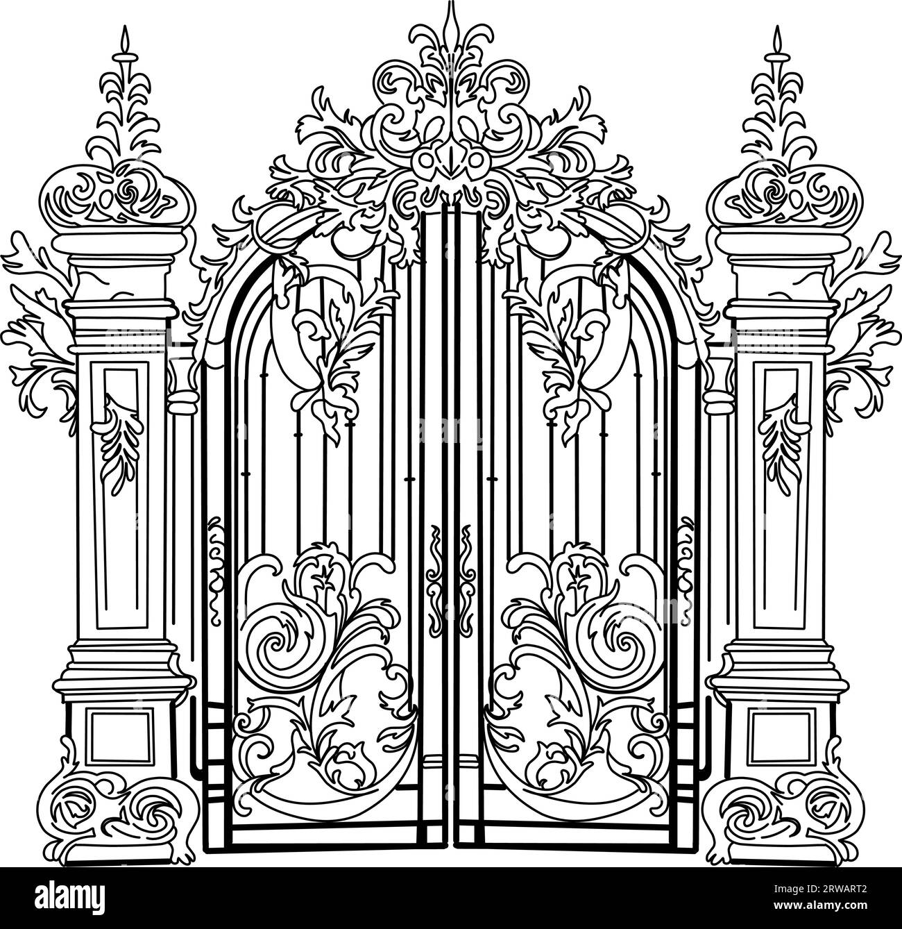 Croquis de portes en métal forgé. Portes de jardin à double vantail forgées artistiques en fer Illustration de Vecteur