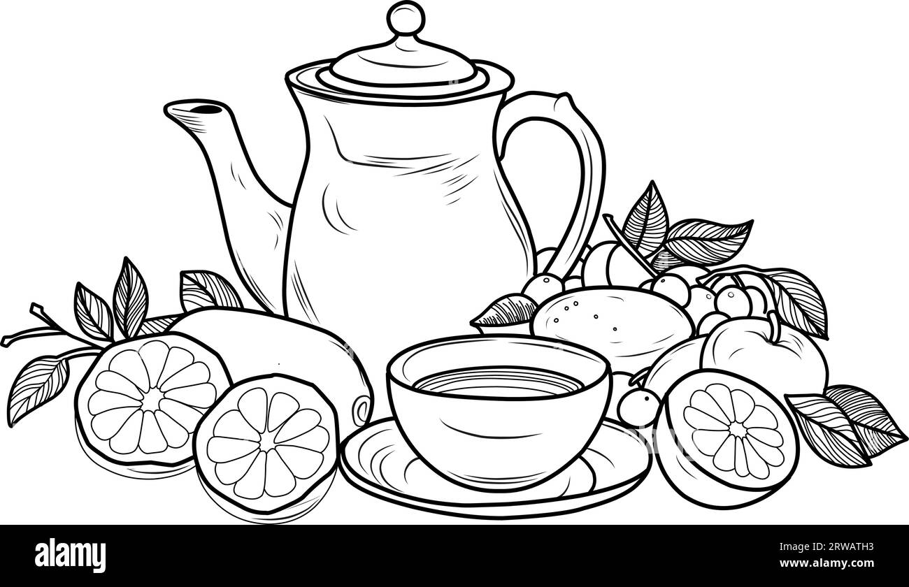 Page de coloriage théière avec des tasses de thé et de citron. Petit déjeuner nature morte Illustration de Vecteur
