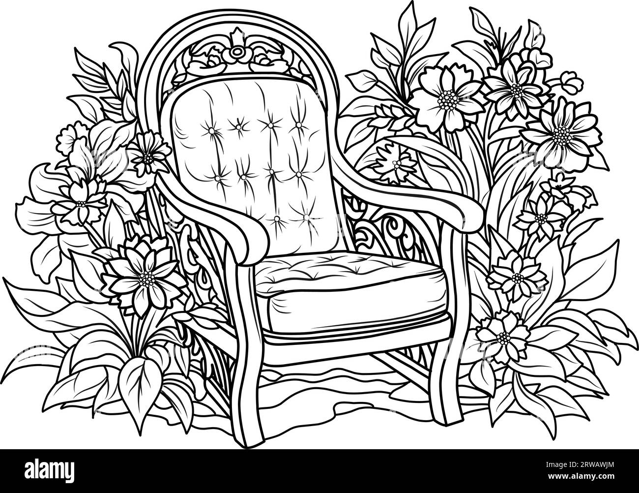 Coloriage d'un beau jardin romantique. Fauteuil dans le jardin parmi les fleurs. Illustration de Vecteur