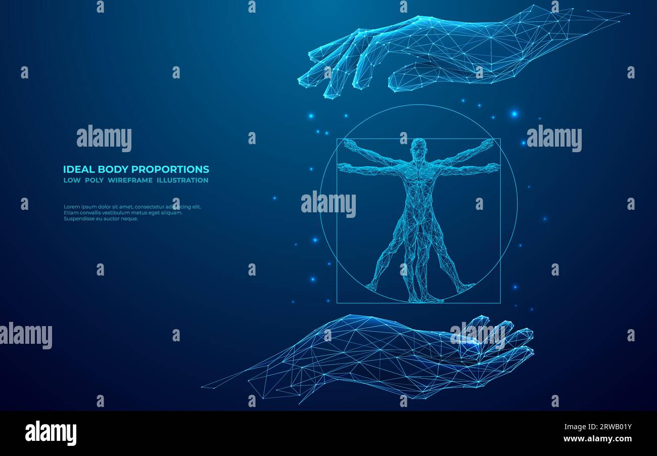 Un homme recouvre une icône abstraite de l'Homme Vitruvien avec ses mains. Illustration de Vecteur