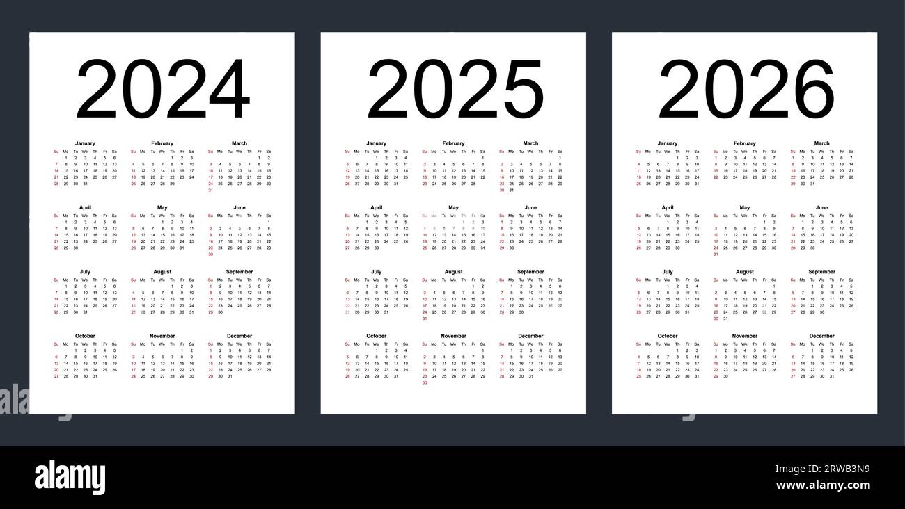 Calendriers vectoriels modifiables simples pour les années 2024, 2025 ...