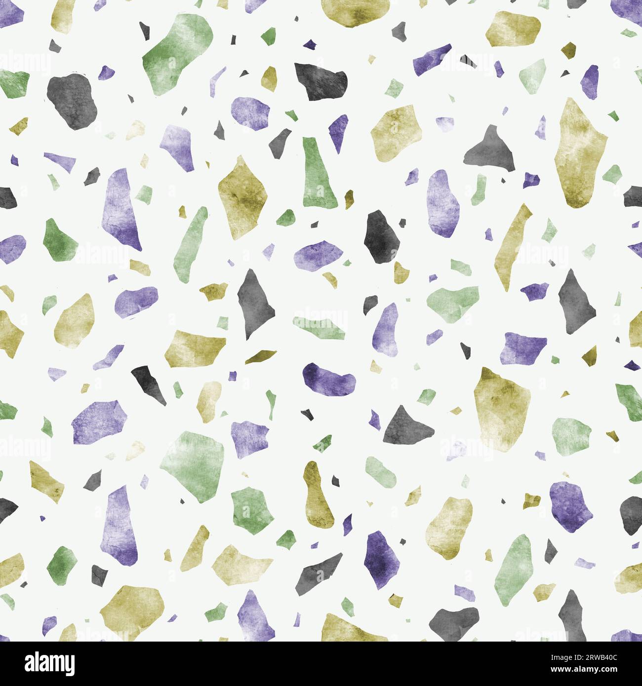 Motif sans couture italien abstrait terrazzo. Pierres multicolores dispersées texture décorative à l'aquarelle dessinée à la main. Vitrail cassé, forme colorée Banque D'Images