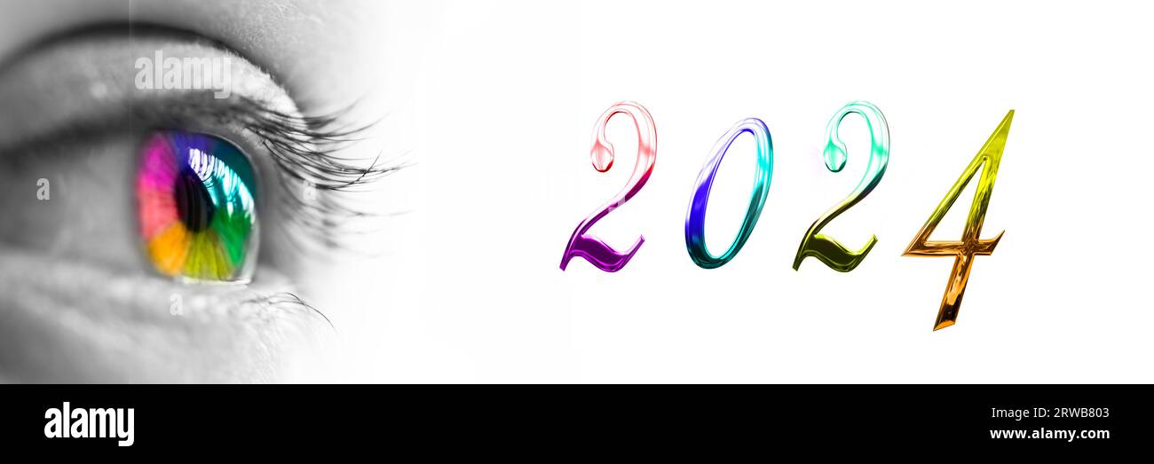 2024 et tête colorée d'oeil d'arc-en-ciel, bannière web de carte de voeux de nouvel an Banque D'Images