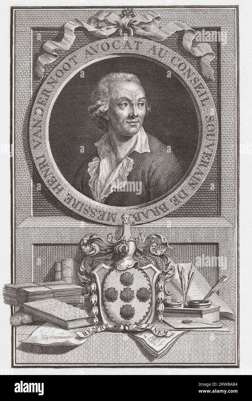 Henri Van der Noot, aussi connu sous le nom de Heintje van der Noot ou Vader Heintje, 1731 - 1827. Avocat et homme politique né dans le Brabant. Il a été impliqué dans la révolution brabante et est devenu Premier ministre des États-Unis de Belgique qui ont ensuite vécu peu de temps. D'après une estampe d'Antoine Cardon. Banque D'Images