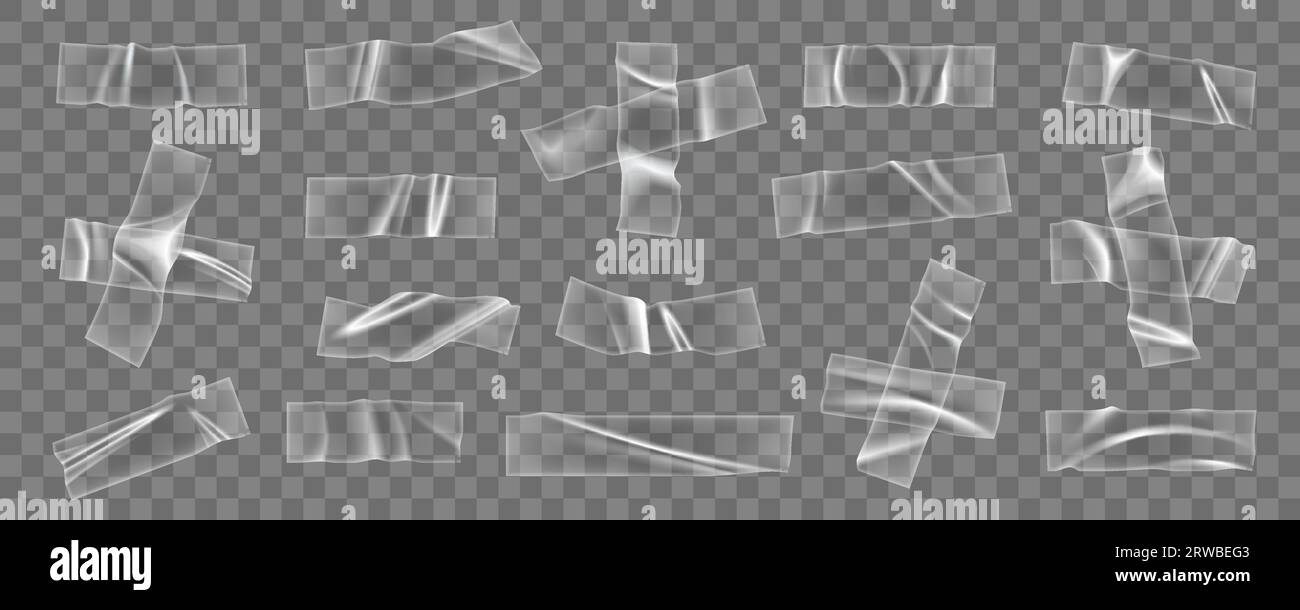 Rubans plastiques transparents, autocollants transparents et bandes adhésives, morceaux de film froissés ou jeu de rubans adhésifs. Vector réaliste sellobandes froissées, bandes adhésives et croix pour l'emballage, la fixation ou la réparation Illustration de Vecteur