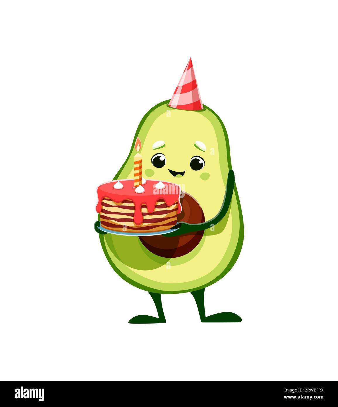 Personnage d'avocat mexicain Kawaii de dessin animé avec un gâteau d'anniversaire festif. Vecteur isolé mignon et joyeux personnage de fruits arborant un grand sourire et chapeau soufflant une bougie allumée pendant la célébration joyeuse Illustration de Vecteur
