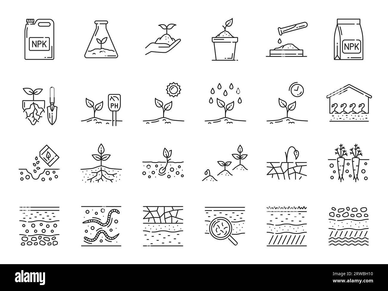 Icônes de sol, d'agriculture et d'agronomie. Les germes et les semis de plantes vecteurs, les légumes-racines et les graines dans le lit de semence, la serre et le champ agricole signes isolés avec de l'eau, du soleil et de l'engrais Illustration de Vecteur