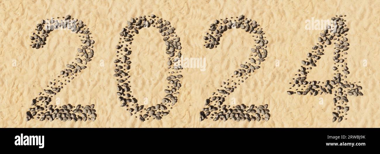 Concept ou conceptuel 2024 année en pierres sur sable de plage forme de symbole fait à la main, fond de sable doré. illustration 3d comme métaphore de la nature Banque D'Images