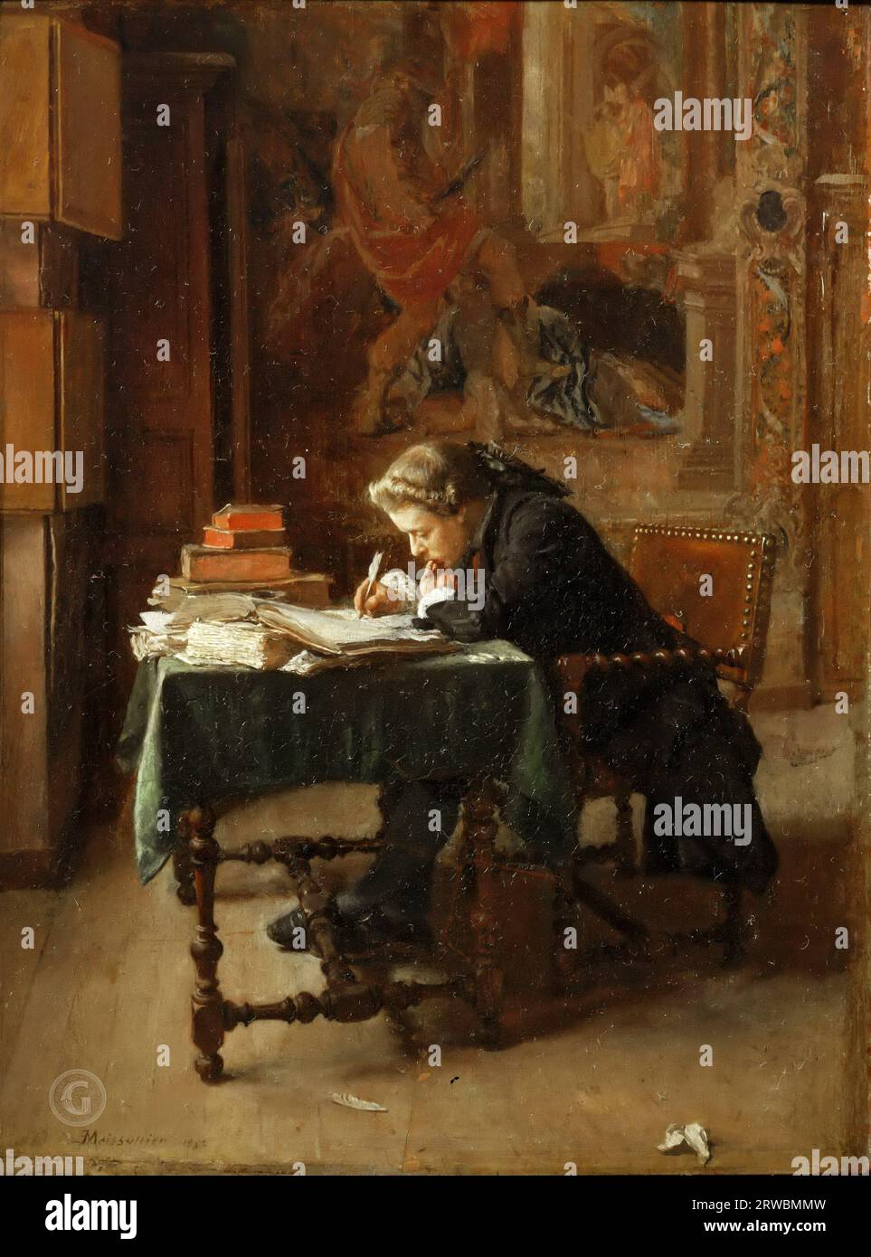 Jean Louis Ernest Meissonier -- Jeune homme qui écrit 1852, 23х16 Banque D'Images