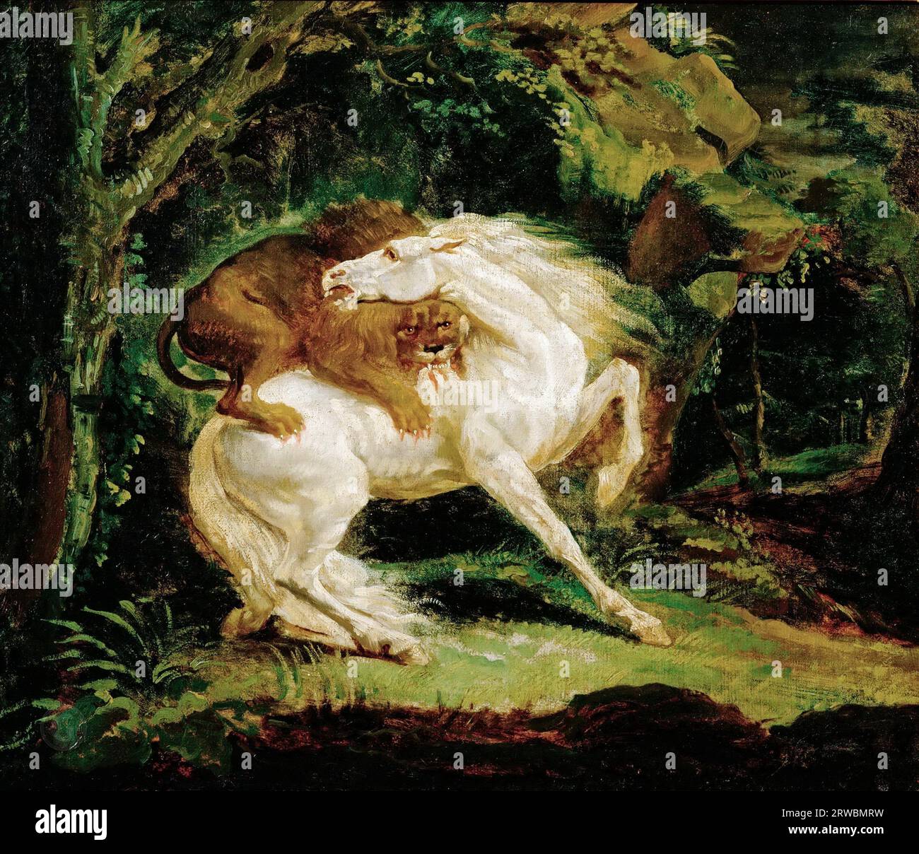 Théodore Géricault -- Cheval attaqué par un Lion vers 1810, 54х65 Banque D'Images