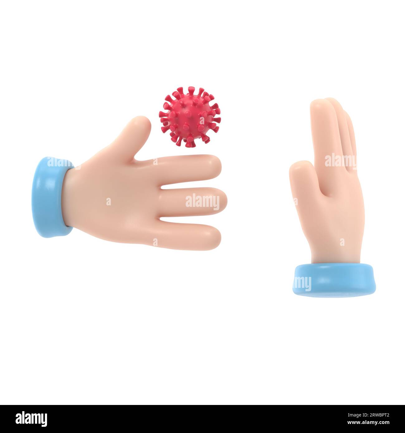 Bactéries à portée de main. Coronavirus transmis par une poignée de main. Geste aucun contact physique. conception plate de dessin animé d'illustration 3d. Précautions et preve Banque D'Images