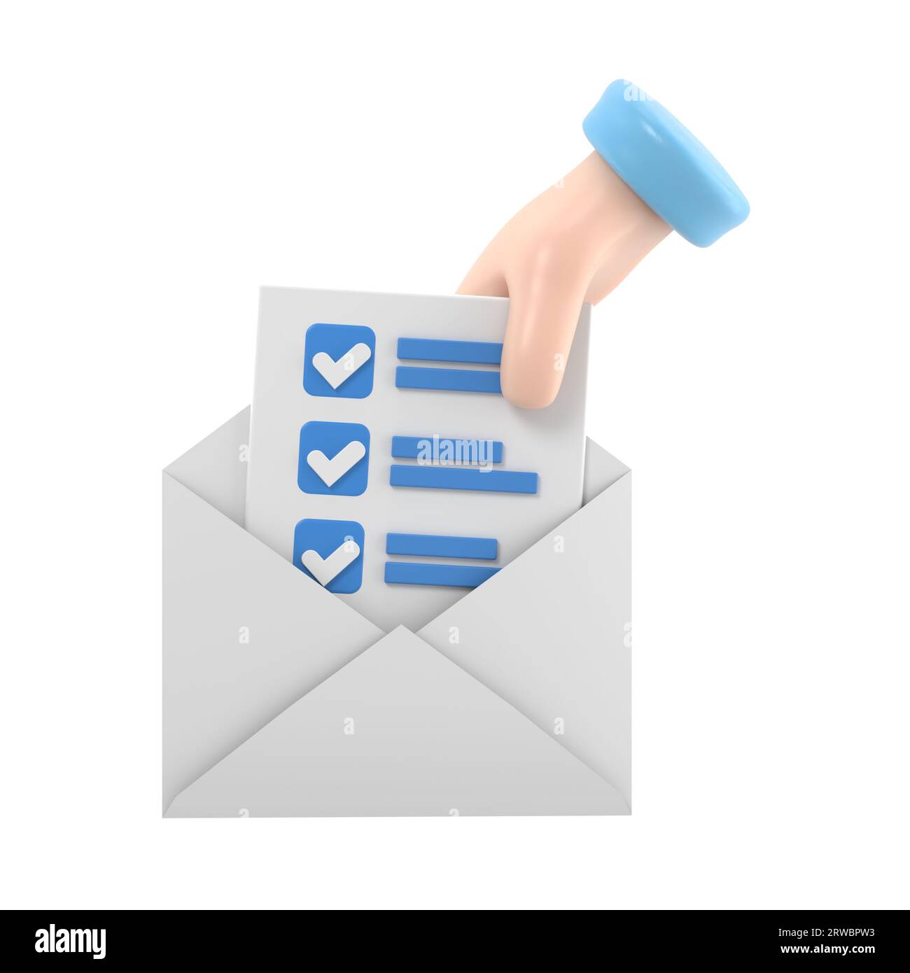 icône d'enveloppe de courrier 3d avec liste de contrôle de tâches de gestion dans la main. Lettre e-mail minimale avec lettre papier lu, devoir et examen. message c Banque D'Images