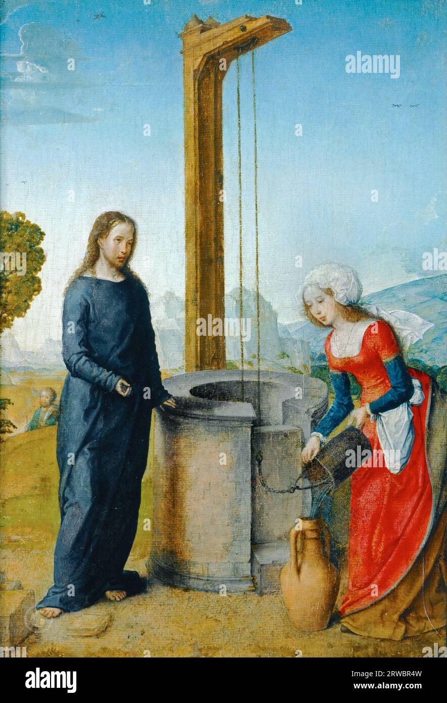 Juan de Flandes -- Christ et la Samaritaine c.1500, 24х17 Banque D'Images