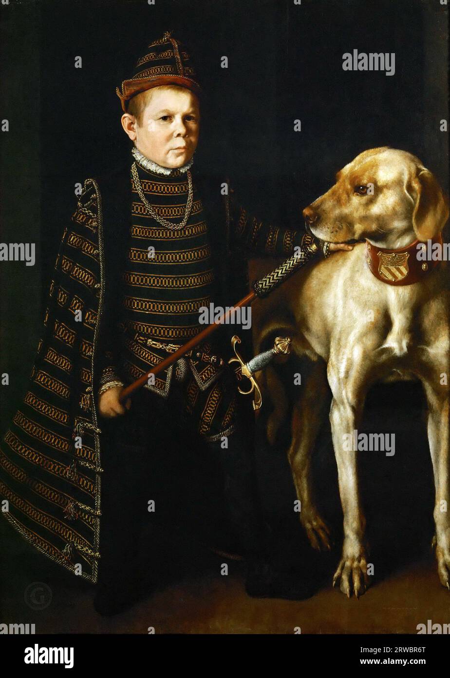 Antonis Mor -- le nain du cardinal Granvelle tenant un grand chien 1550e, 126х92 Banque D'Images