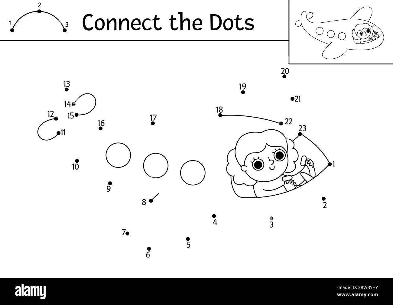 Vecteur point à point et activité de couleur avec avion volant mignon fille. Transport connecter le jeu de points pour les enfants avec avion drôle. Transport aérien Illustration de Vecteur