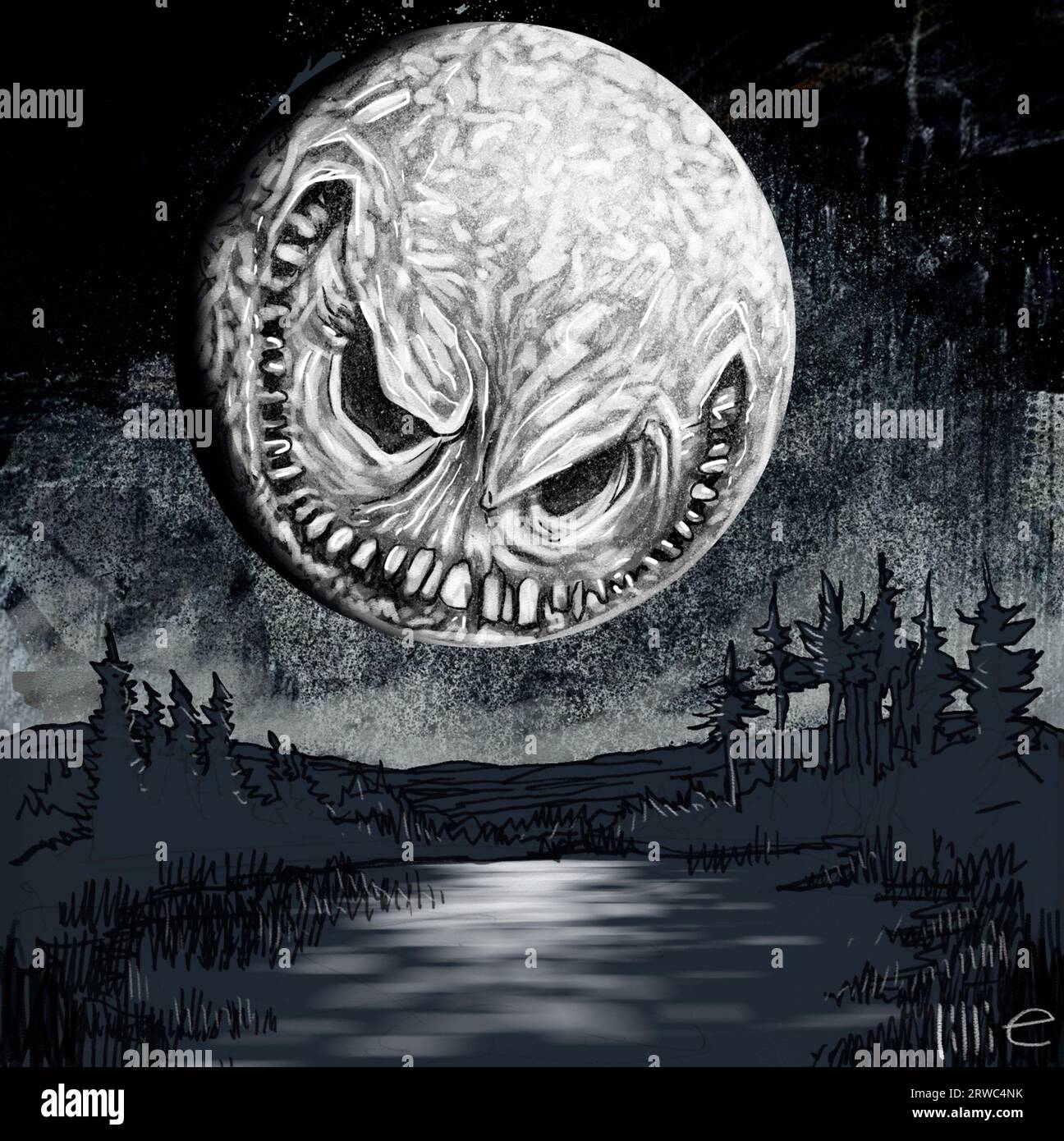 Art d'horreur Grande lune avec visage de crâne accroche au-dessus d'un lac nocturne sombre et du bois, couverture de livre, art de magazine, histoire d'horreur, Halloween version niveaux de gris Banque D'Images